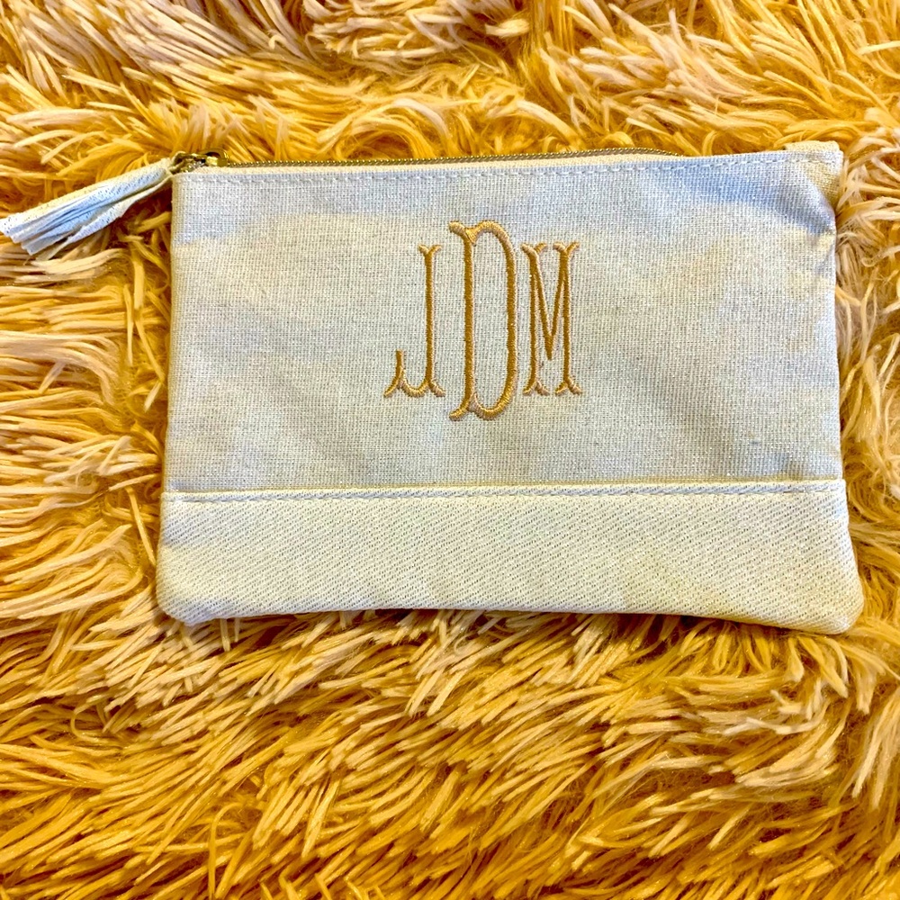 Marley Lilly Monogramed JDM Beige zippered bag Makeup bag cosmetic travel